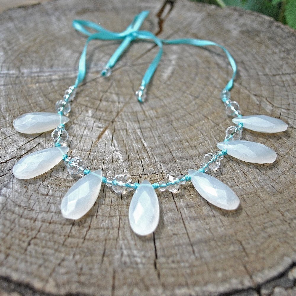 Faceted Cut Crystal & Milk Glass Teardrops Knotted on Tiffany Blue Ribbo…
